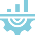 Blue gear and bar chart icon.