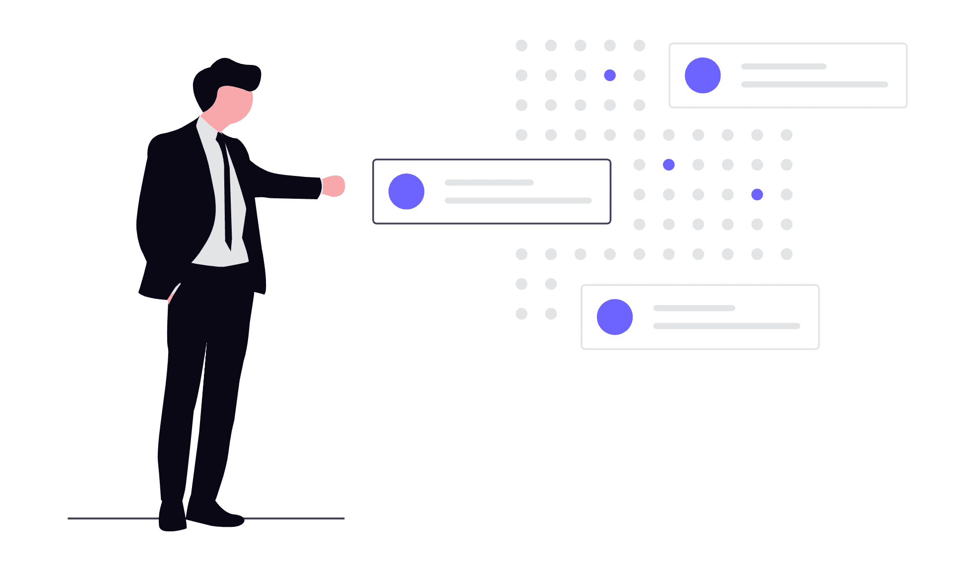 Businessman pointing at digital interface with network icons.