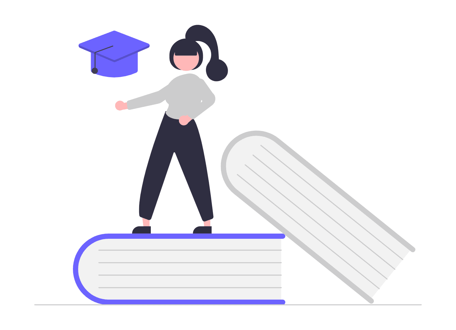 Person standing on a large book with a graduation cap above.