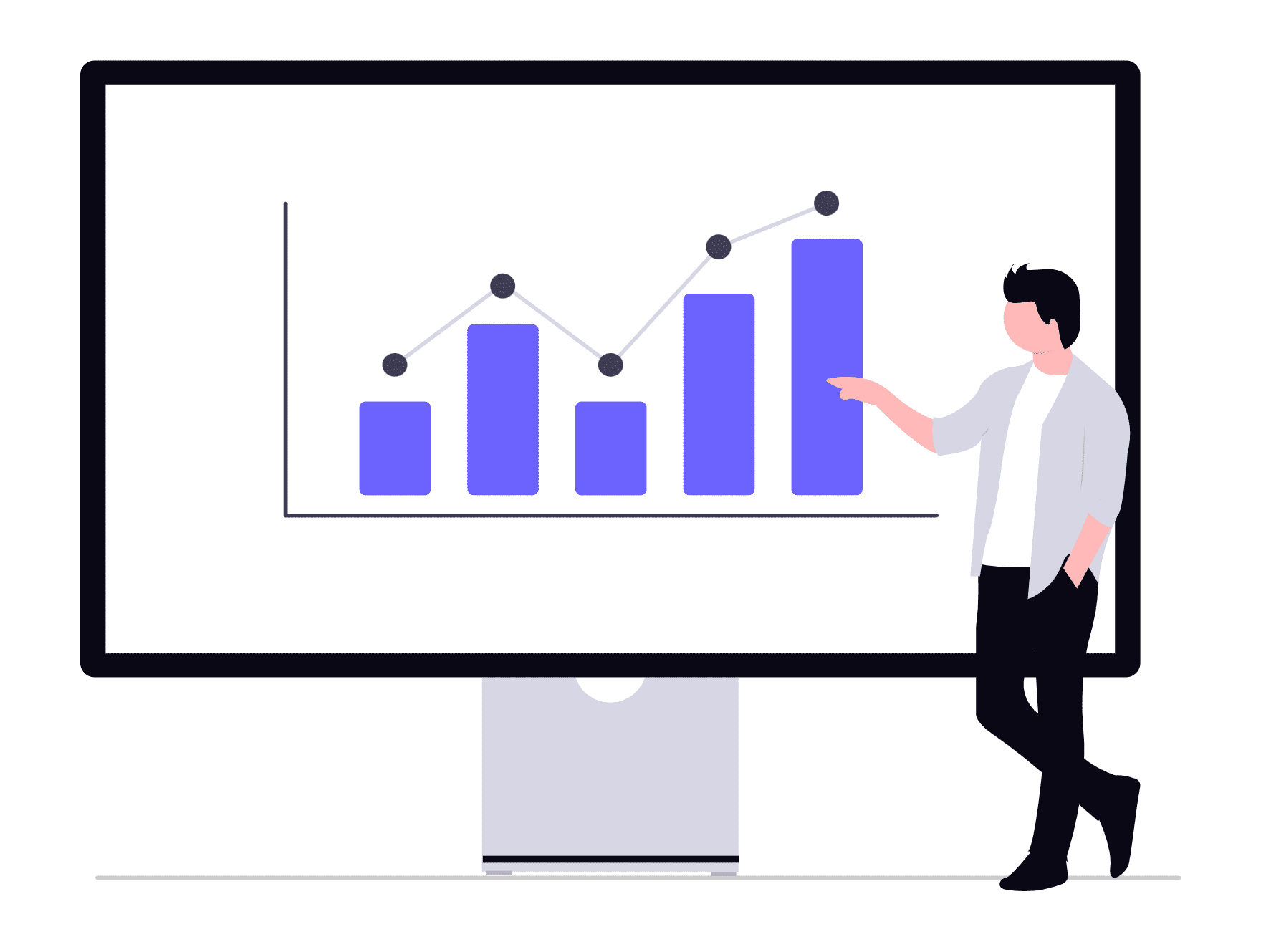 Person presenting a bar chart with increasing data on a large screen.
