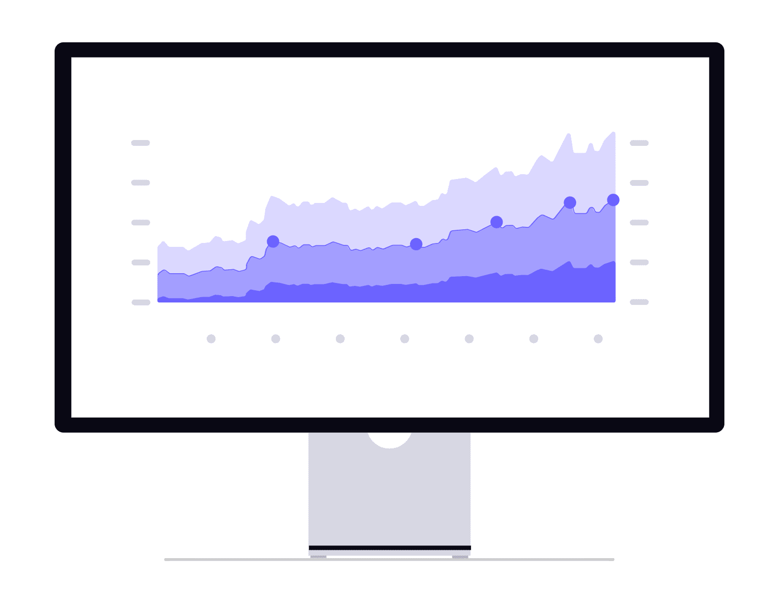 A computer screen showing a rising data trend chart with shaded confidence intervals.