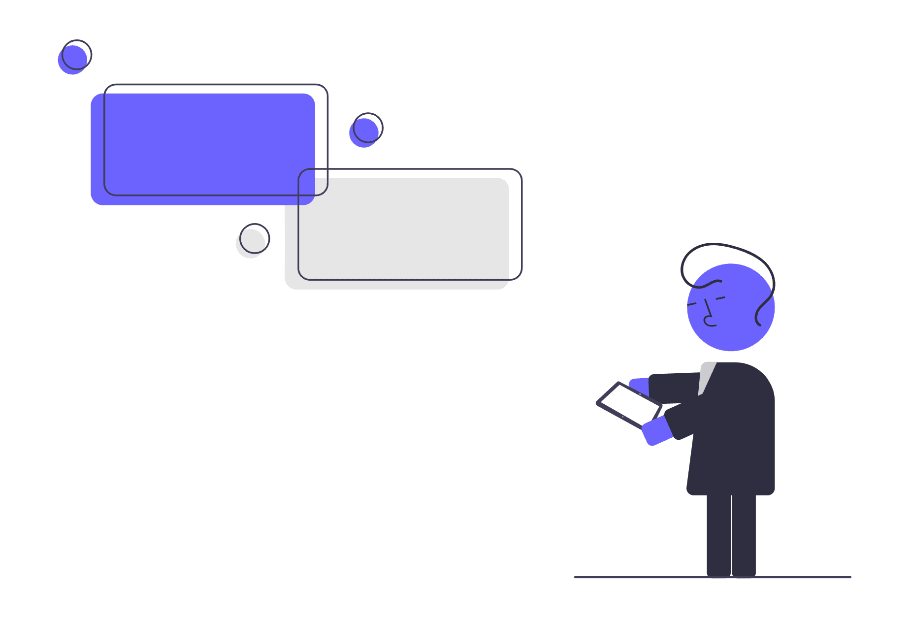 A person holding a phone with overlapping chat bubbles above them.