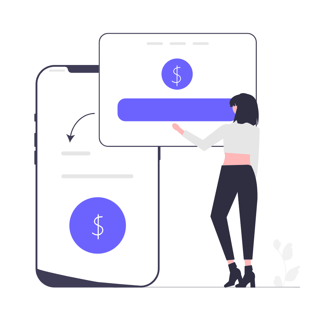 Woman interacting with a large mobile screen showing financial icons.