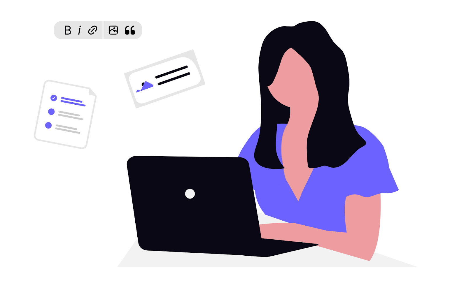 Woman working on a laptop with documents floating around.