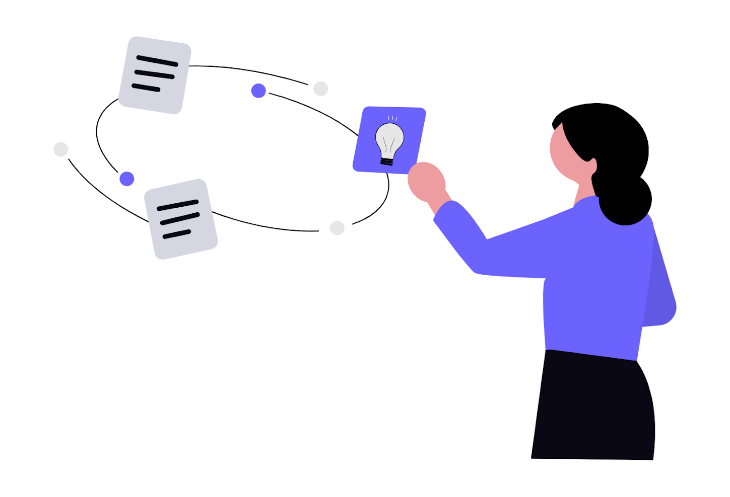 Person organizing interconnected profile and document icons on a digital interface.