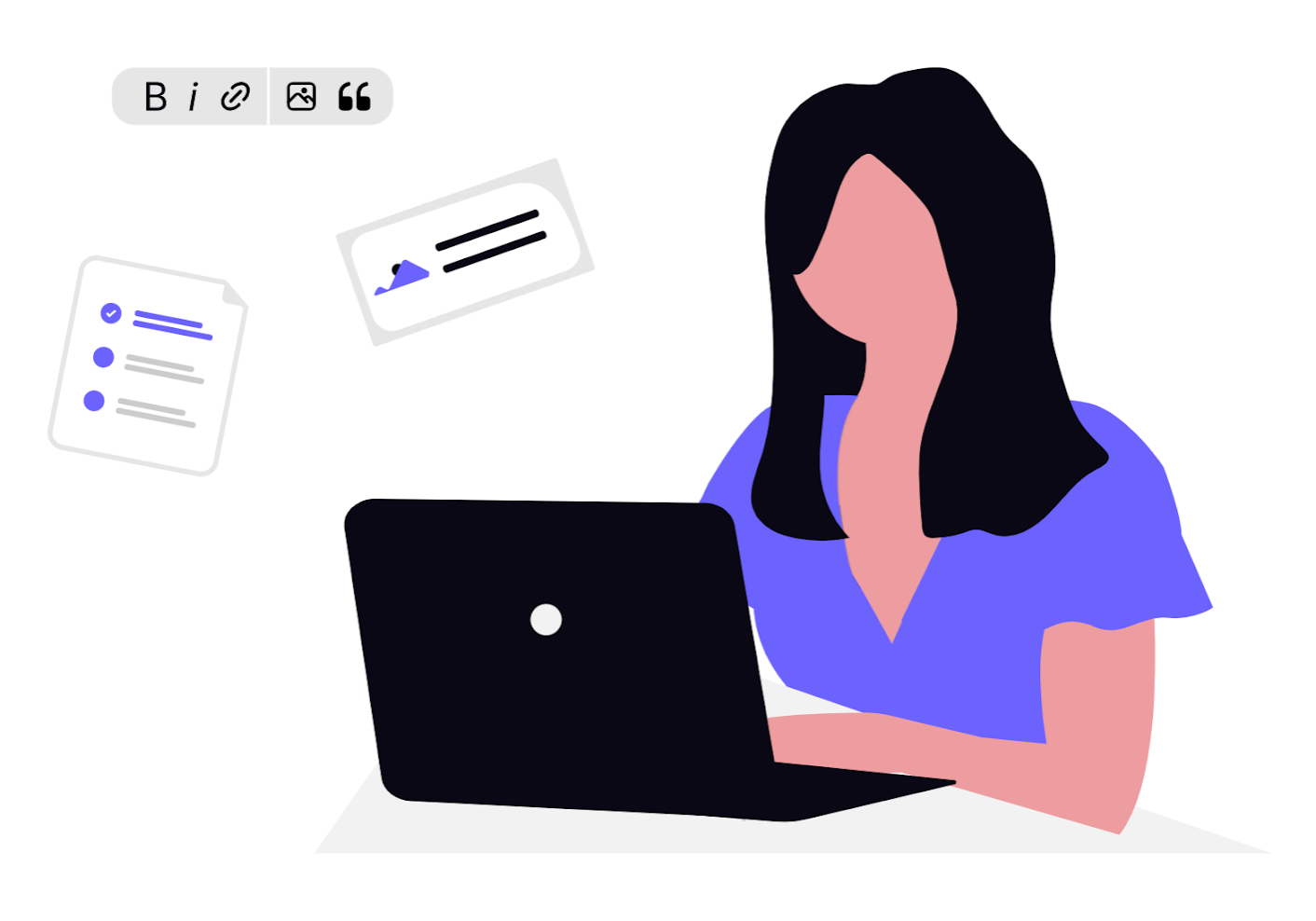 Woman working on a laptop with documents floating around.